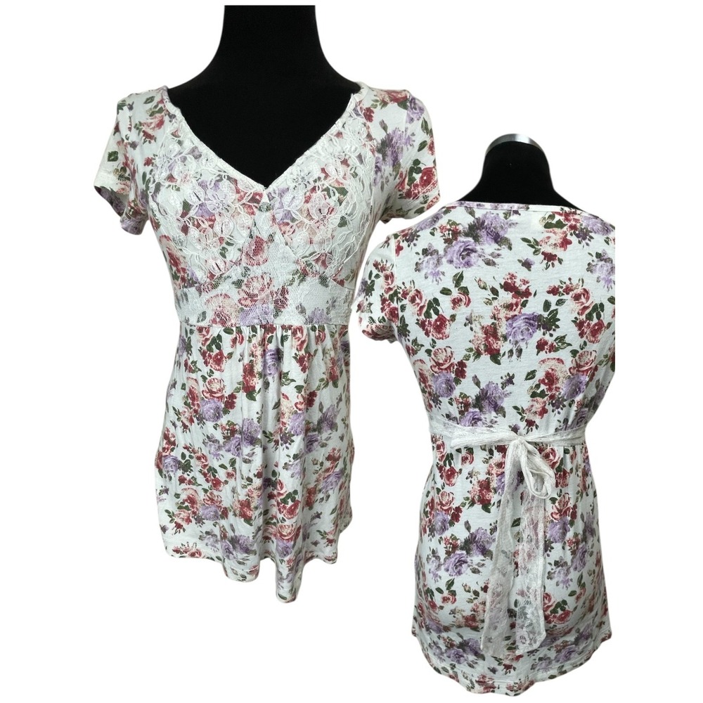 Y2K LEI Babydoll Top Junior L Women S Floral Tie Back Lace Cottagecore
